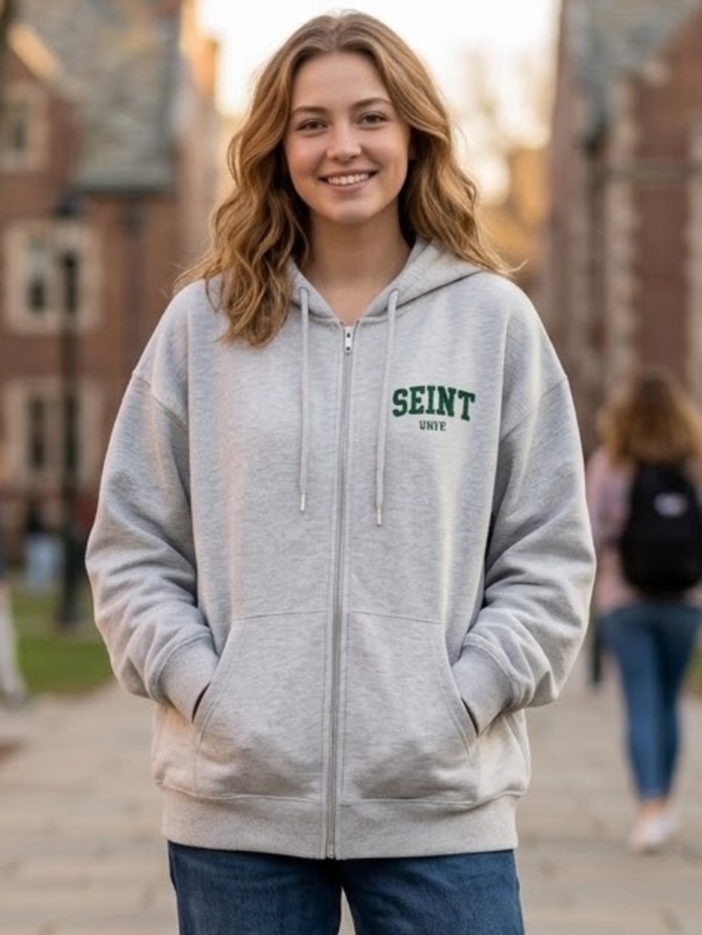 NWT Gray Seint Univ. Zip-Up Hoodie Heavyweight Oversized Sweatshirt Size Medium